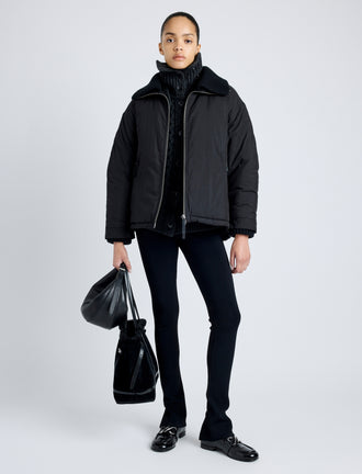 Proenza Schouler Front full length image of model wearing Veronica Coat in Parachute Cotton in BLACK