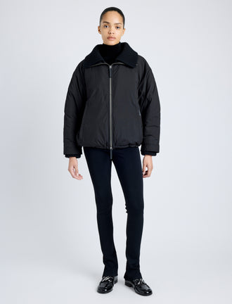 Proenza Schouler Front full length image of model wearing Veronica Coat in Parachute Cotton in BLACK