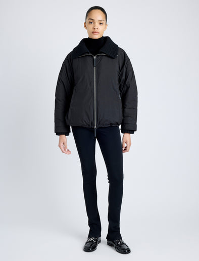 Proenza Schouler Front full length image of model wearing Veronica Coat in Parachute Cotton in BLACK
