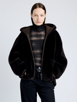 Proenza Schouler cropped front image of model wearing Dakota Coat in Shearling in CACAO