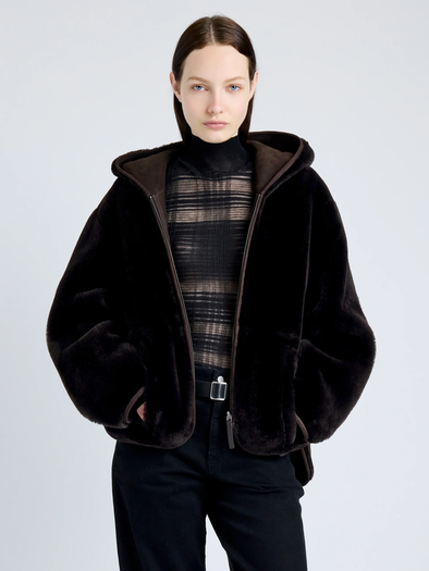 Proenza Schouler cropped front image of model wearing Dakota Coat in Shearling in CACAO