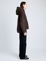 Proenza Schouler side full length image of model wearing Dakota Coat in Shearling in CACAO