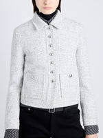 Proenza Schouler detail image of model wearing Marcella Jacket in Tweed in ALABASTER/BLACK