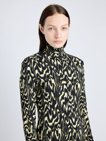 Proenza Schouler Detail image of model wearing Marion Dress in Printed Jersey in DAFFODIL MULTI