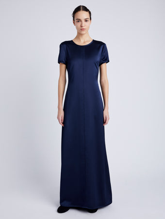 Proenza Schouler front image of model wearing Delphine Dress in Satin in INK