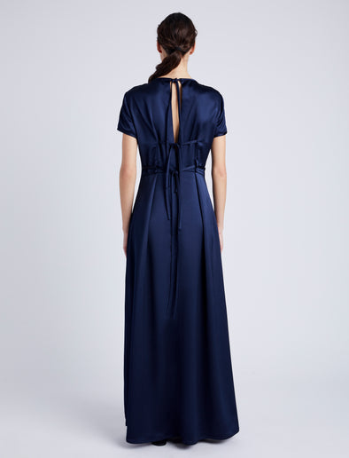 Proenza Schouler back image of model wearing Delphine Dress in Satin in INK