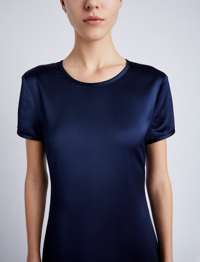 Proenza Schouler detail image of model wearing Delphine Dress in Satin in INK
