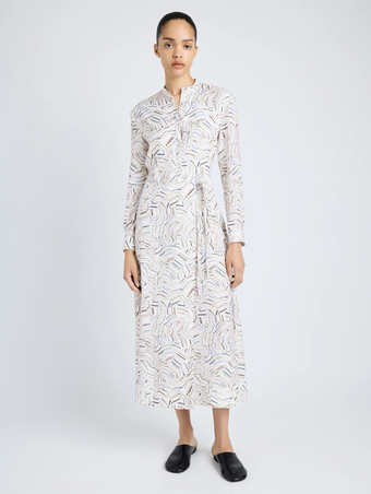 Proenza Schouler Front full length image of model wearing Pauline Dress in Printed Parachute Flou in ALABASTER MULTI