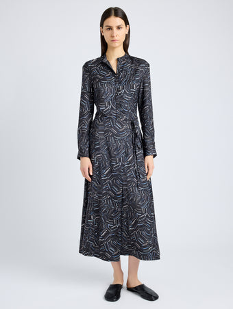 Proenza Schouler Front full length image of model wearing Pauline Dress in Printed Parachute Flou in CACAO MULTI