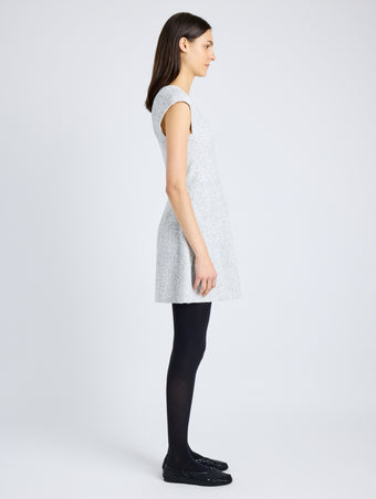 Proenza Schouler side image of model wearing Maryam Dress in Tweed in ALABASTER/BLACK