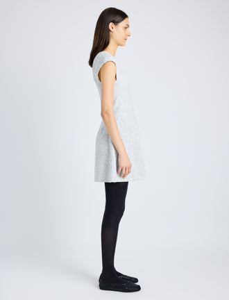 Proenza Schouler side image of model wearing Maryam Dress in Tweed in ALABASTER/BLACK