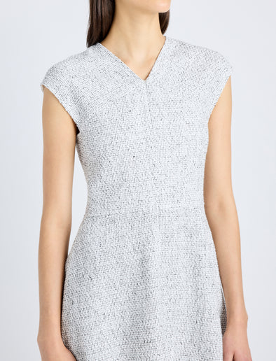 Proenza Schouler detail image of model wearing Maryam Dress in Tweed in ALABASTER/BLACK