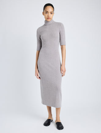 Proenza Schouler Front full length image of model wearing Cerine Dress in Boucle Rib in LIGHT ALLOY MELANGE