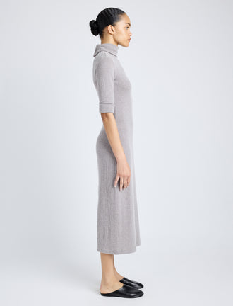 Proenza Schouler Side full length image of model wearing Cerine Dress in Boucle Rib in LIGHT ALLOY MELANGE
