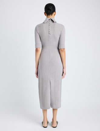 Proenza Schouler Back full length image of model wearing Cerine Dress in Boucle Rib in LIGHT ALLOY MELANGE
