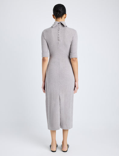 Proenza Schouler Back full length image of model wearing Cerine Dress in Boucle Rib in LIGHT ALLOY MELANGE