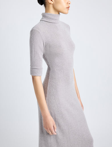 Proenza Schouler Detail image of model wearing Cerine Dress in Boucle Rib in LIGHT ALLOY MELANGE