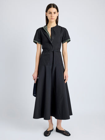 Proenza Schouler Front full length image of model wearing Elizabeth Dress in Parachute Cotton in BLACK