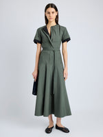 Proenza Schouler Front full length image of model wearing Elizabeth Dress in Parachute Cotton in DARK SPRUCE