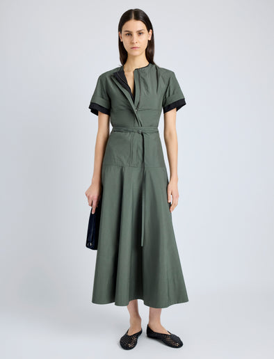 Proenza Schouler Front full length image of model wearing Elizabeth Dress in Parachute Cotton in DARK SPRUCE