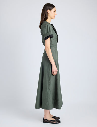 Proenza Schouler Side full length image of model wearing Elizabeth Dress in Parachute Cotton in DARK SPRUCE