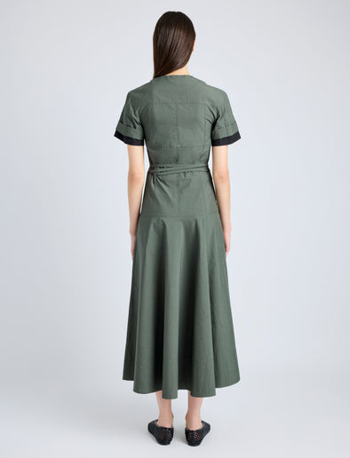 Proenza Schouler Back full length image of model wearing Elizabeth Dress in Parachute Cotton in DARK SPRUCE