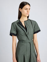 Proenza Schouler Detail image of model wearing Elizabeth Dress in Parachute Cotton in DARK SPRUCE