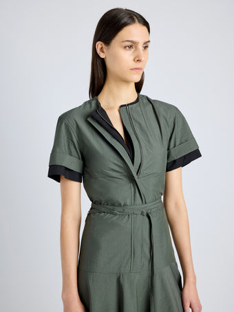 Proenza Schouler Detail image of model wearing Elizabeth Dress in Parachute Cotton in DARK SPRUCE