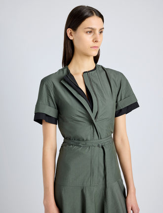 Proenza Schouler Detail image of model wearing Elizabeth Dress in Parachute Cotton in DARK SPRUCE