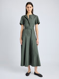 Proenza Schouler Front full length image of model wearing Elizabeth Dress in Parachute Cotton in DARK SPRUCE