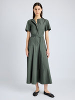 Proenza Schouler Front full length image of model wearing Elizabeth Dress in Parachute Cotton in DARK SPRUCE