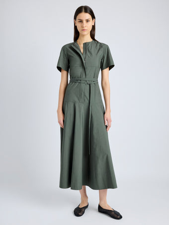 Proenza Schouler Front full length image of model wearing Elizabeth Dress in Parachute Cotton in DARK SPRUCE