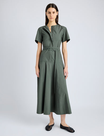 Proenza Schouler Front full length image of model wearing Elizabeth Dress in Parachute Cotton in DARK SPRUCE