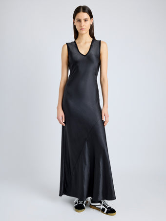 Proenza Schouler Front full length image of model wearing Charlotte Dress in Satin in BLACK