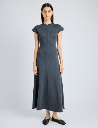 Proenza Schouler Front full length image of model wearing Melanie Dress in Souffle Cotton Blend in DARK GREY