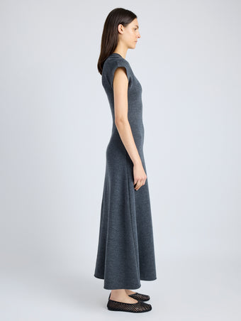 Proenza Schouler Side full length image of model wearing Melanie Dress in Souffle Cotton Blend in DARK GREY