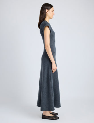 Proenza Schouler Side full length image of model wearing Melanie Dress in Souffle Cotton Blend in DARK GREY
