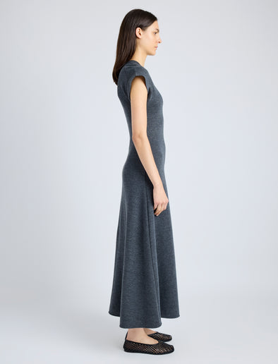 Proenza Schouler Side full length image of model wearing Melanie Dress in Souffle Cotton Blend in DARK GREY