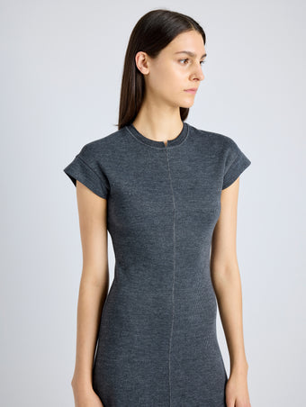 Proenza Schouler Detail image of model wearing Melanie Dress in Souffle Cotton Blend in DARK GREY