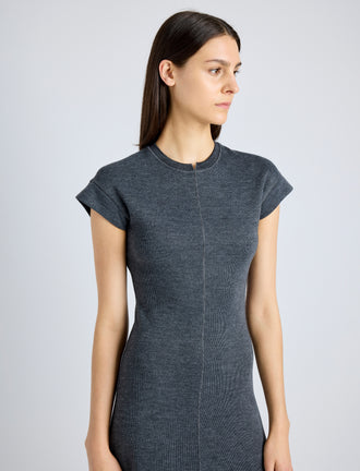 Proenza Schouler Detail image of model wearing Melanie Dress in Souffle Cotton Blend in DARK GREY