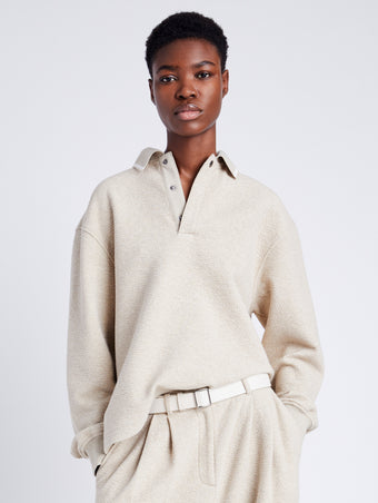 Proenza Schouler Front cropped image of model wearing Genevieve Knit Pullover in Cloque in OATMEAL MELANGE