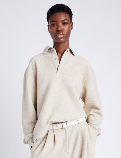 Proenza Schouler Front cropped image of model wearing Genevieve Knit Pullover in Cloque in OATMEAL MELANGE