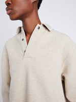 Proenza Schouler Detail image of model wearing Genevieve Knit Pullover in Cloque in OATMEAL MELANGE