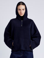 Proenza Schouler Front cropped image of model wearing Isaac Hoodie in Double Face Wool in INK/BLACK