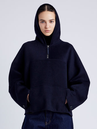 Proenza Schouler Front cropped image of model wearing Isaac Hoodie in Double Face Wool in INK/BLACK