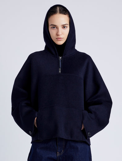 Proenza Schouler Front cropped image of model wearing Isaac Hoodie in Double Face Wool in INK/BLACK