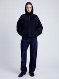 Proenza Schouler Front full length image of model wearing Isaac Hoodie in Double Face Wool in INK/BLACK