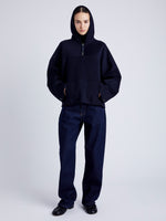 Proenza Schouler Front full length image of model wearing Isaac Hoodie in Double Face Wool in INK/BLACK