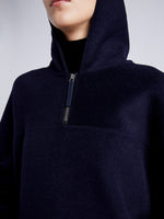 Proenza Schouler Detail image of model wearing Isaac Hoodie in Double Face Wool in INK/BLACK