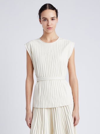 Proenza Schouler Front cropped image of model wearing Lyra Top in Faux Leather in ENOKI
